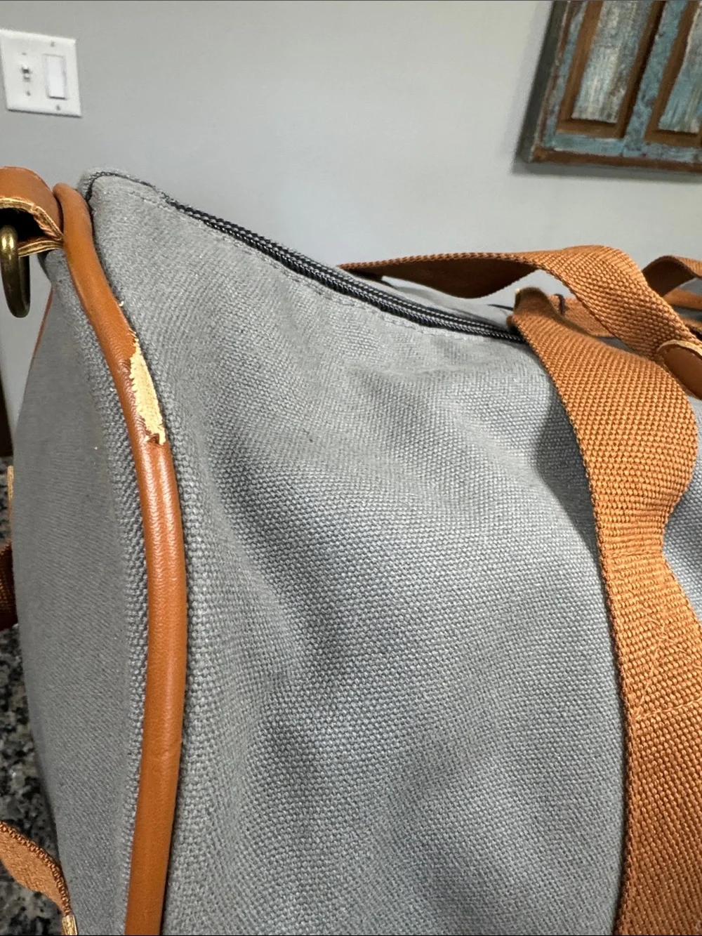 Bugatti Gray heavy canvas Duffel Bag with Tan Straps and shoulder strap NEW